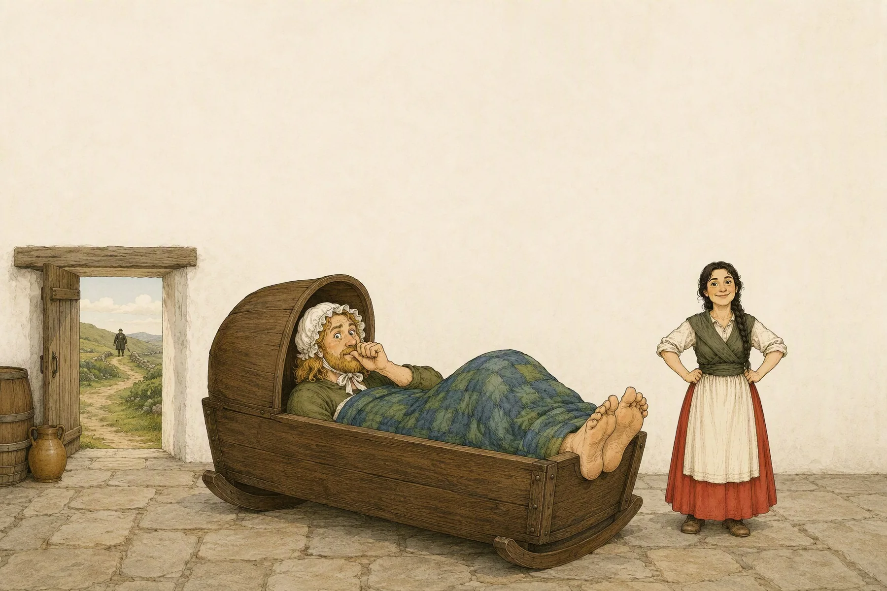 A big man with a golden beard lies in a wooden cradle that is far too small for him, with a baby’s cap on his head, his thumb in his mouth and his bare feet sticking out over the end. A woman in a red skirt stands beside him with her hands on her hips, smiling. Through the open door a tiny figure can be seen far off on the hill path.