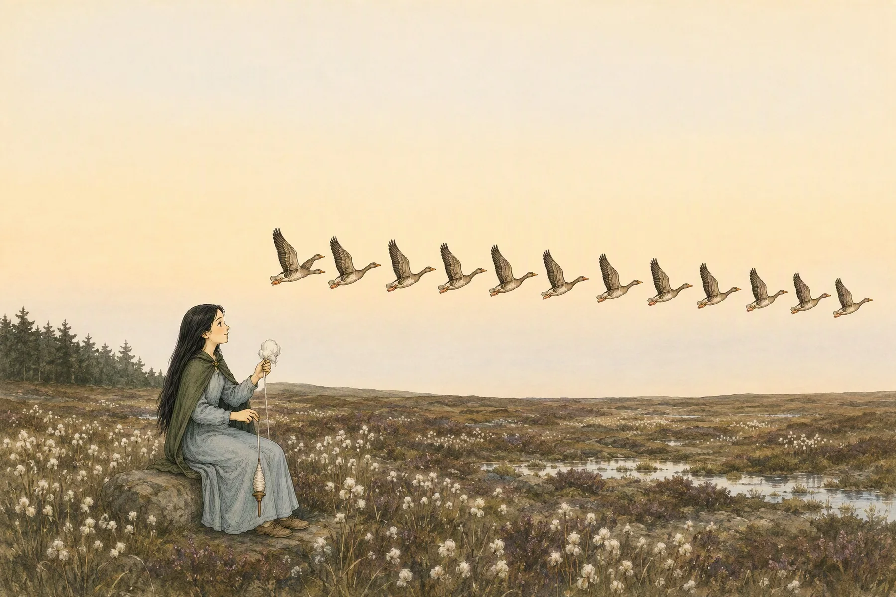A girl with long black hair sits spinning on a moor white with bog-cotton, looking up at twelve grey wild geese flying over in a V.