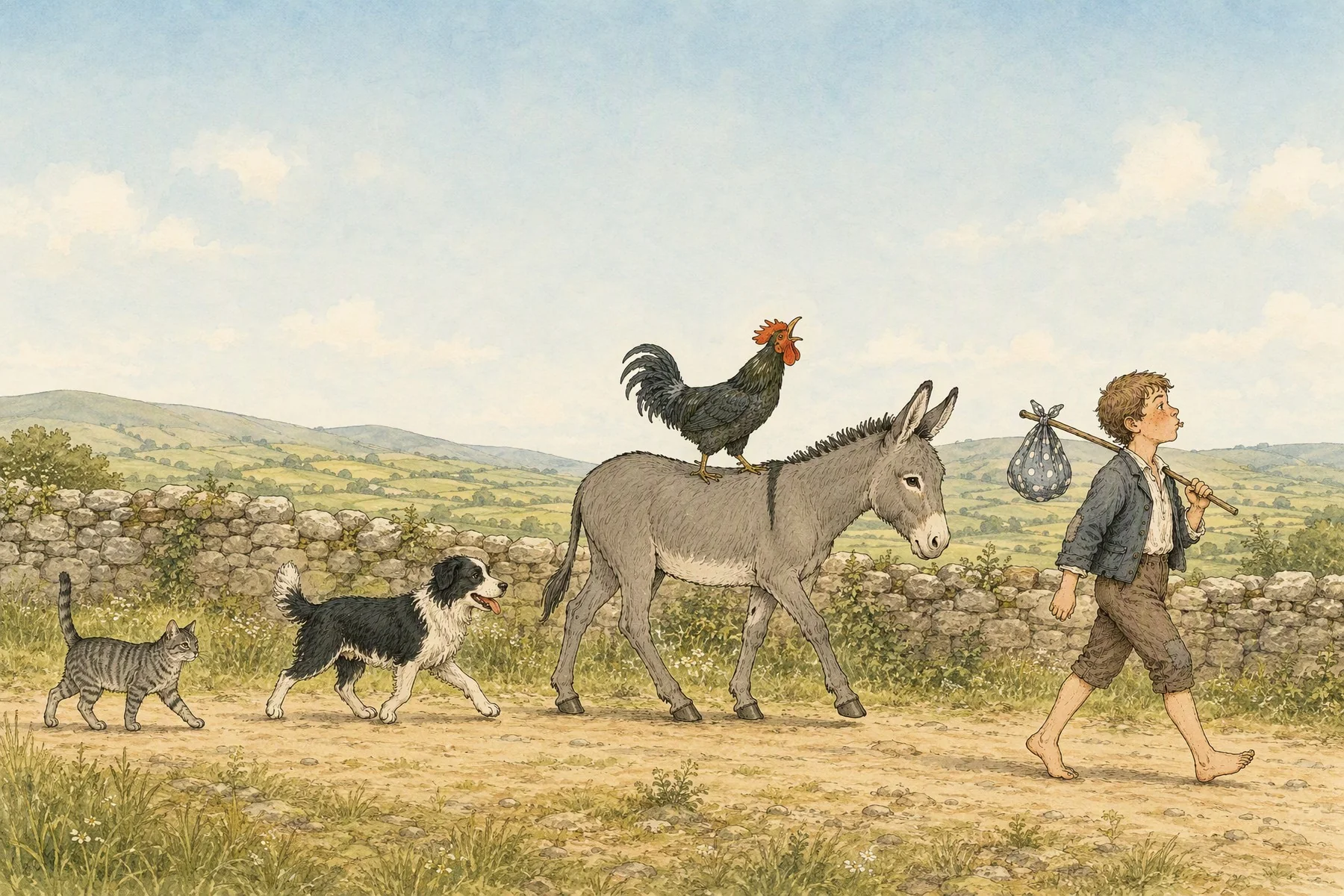 A boy with a bundle on a stick walks along a road with an ass, a dog and a cat, and a black cock rides on the ass’s back.
