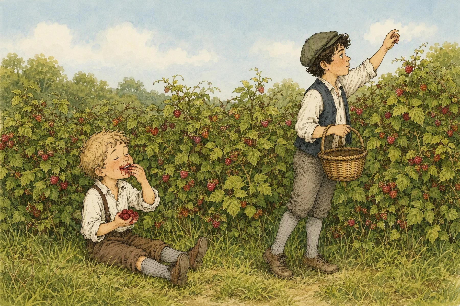 Two boys among raspberry bushes. Munachar reaches up to pick, with a basket in his other hand. Behind his back his little brother Manachar sits on the grass, eating raspberries with both hands.