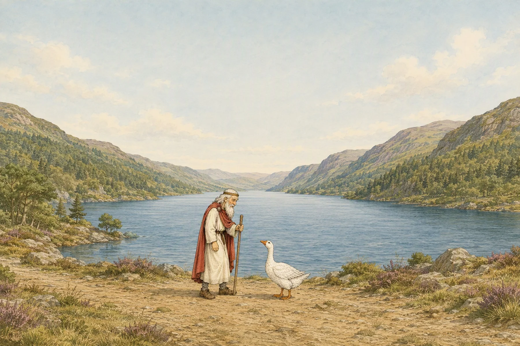 An old king in a red cloak stands by a lake among mountains, with a stick in his hand and a white goose at his feet.
