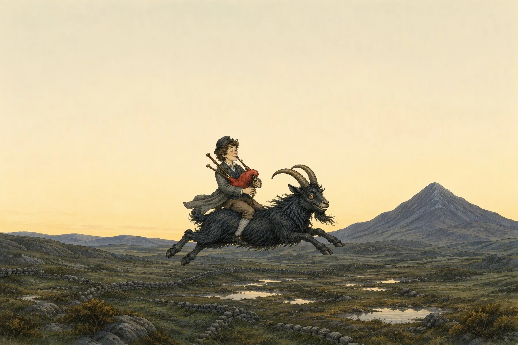 A young piper rides through the evening sky on the back of a great black goat with long curving horns, playing his red pipes over the hills of the west.