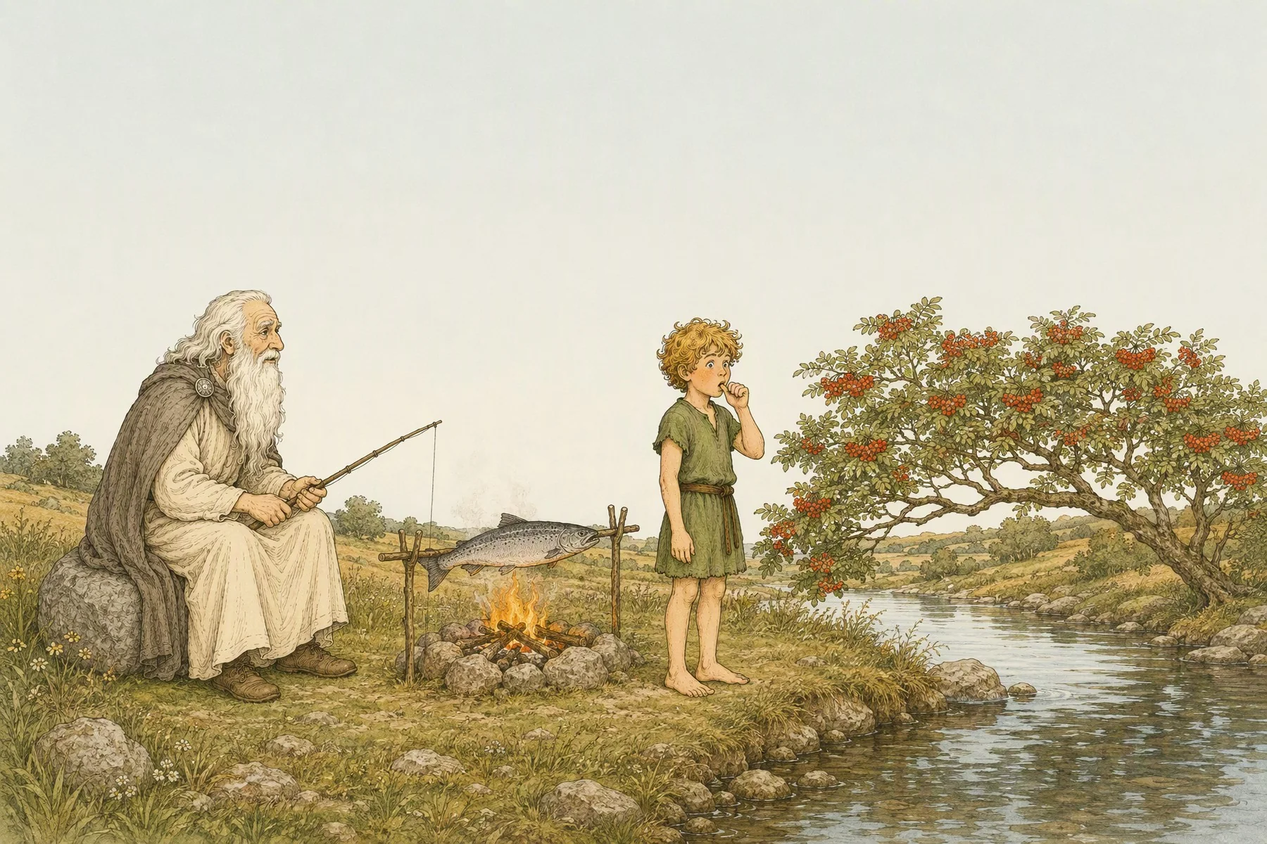 A golden-haired boy stands by a little fire beside a pool, his thumb in his mouth, while a salmon cooks on a spit and an old poet with a white beard looks at him.