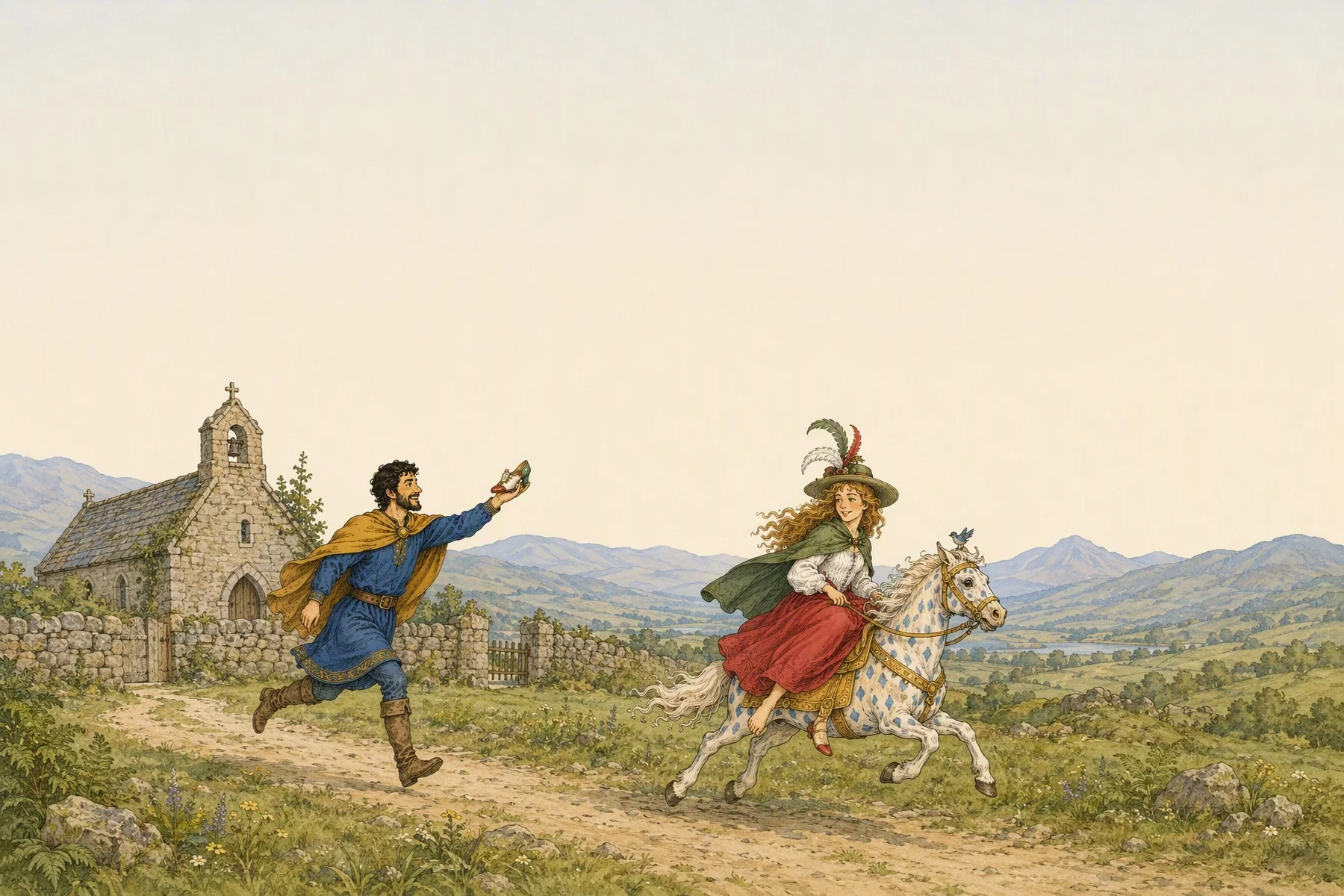 Trembling gallops away from a little stone church on a white mare spotted with blue and gold, in a dress as red as a rose and as white as snow, while the prince runs after her holding up her shoe.