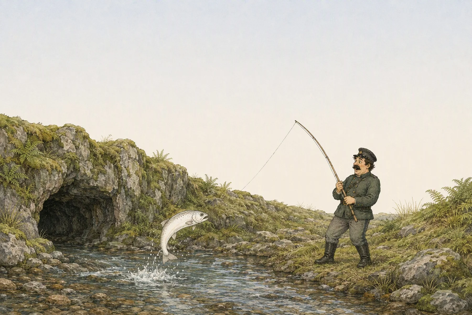 A white trout leaps up out of a clear stream by the mouth of a cave, and a soldier with a fishing rod stares at her in surprise.